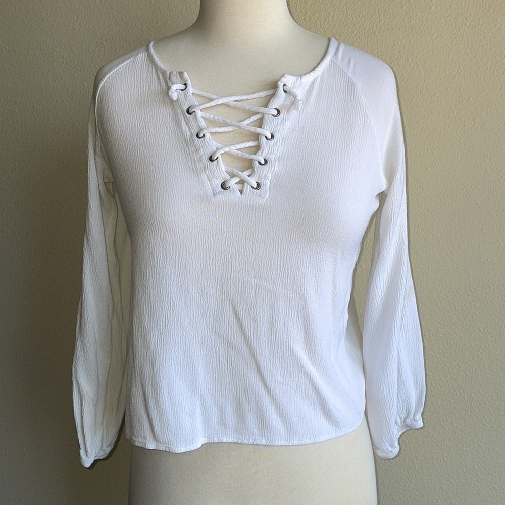 NABEE white v-neck with cross cross ties blouse with scrunch cuffs women’s small - Picture 2 of 8